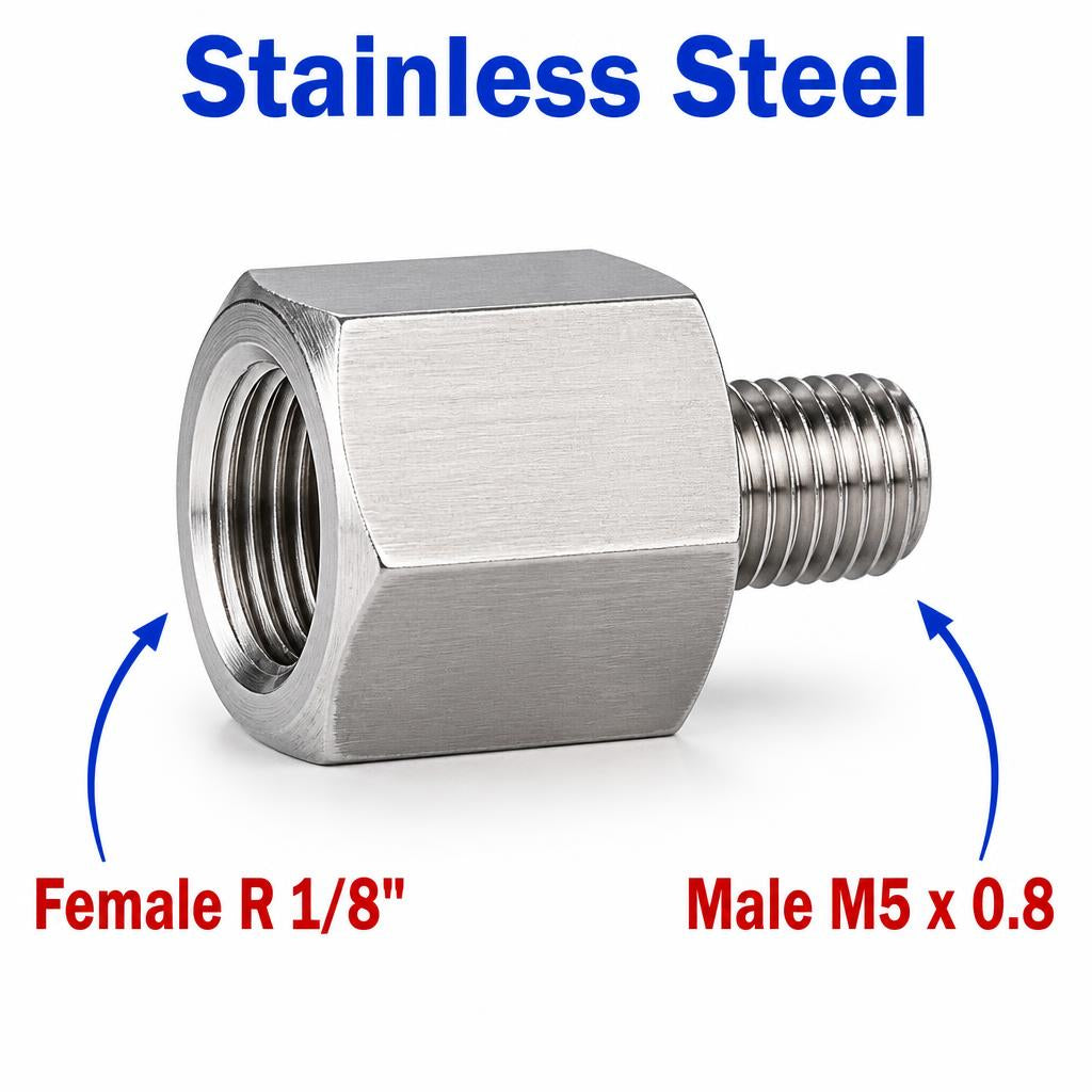 Stainless steel MC Motoparts APS adaptor fitting with 1/8 inch BSPT female to M5x0.8 male thread for sensor conversion.