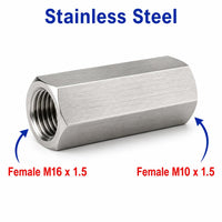 Stainless steel M16x1.5 to M10x1.5 female sensor adaptor fitting for conversion, MC Motoparts APS adaptor fitting.