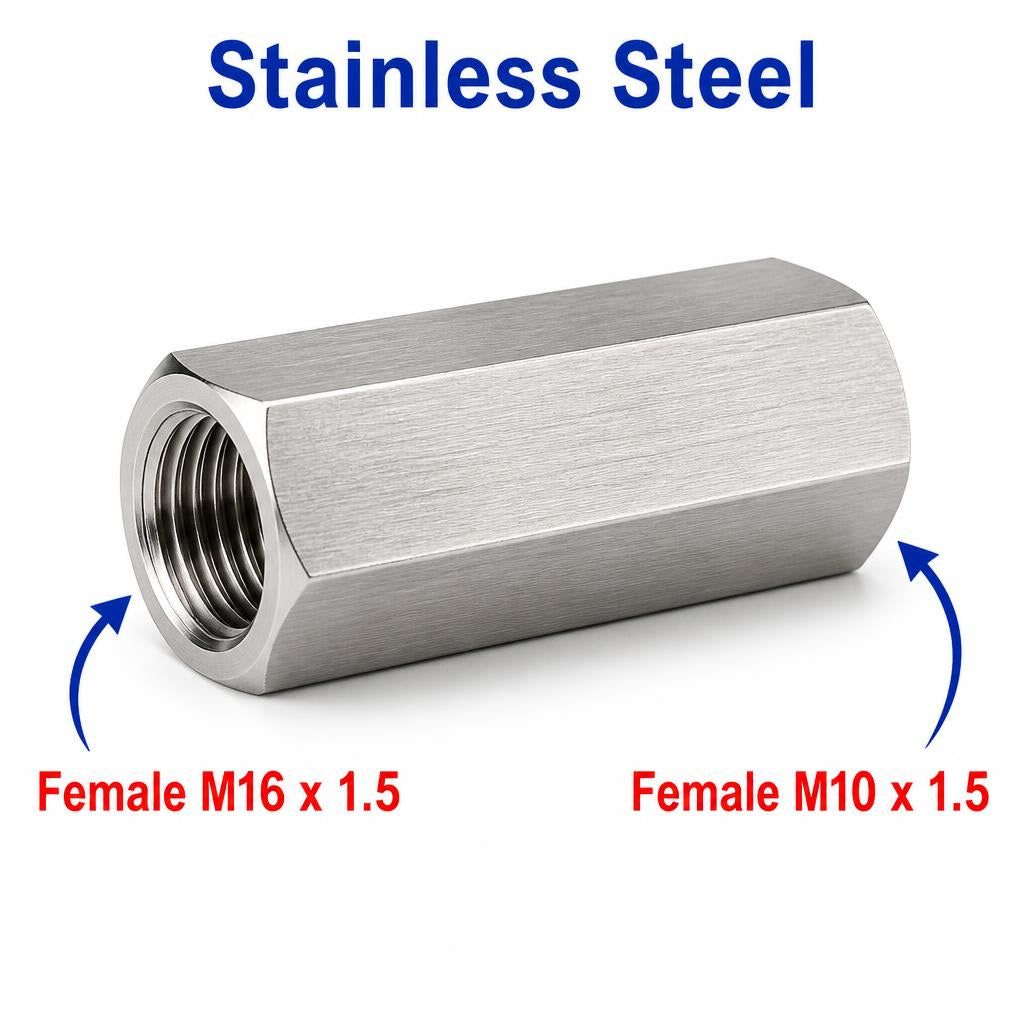Stainless steel M16x1.5 to M10x1.5 female sensor adaptor fitting for conversion, MC Motoparts APS adaptor fitting.