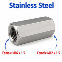 Stainless steel M16x1.5 to M12x1.5 female sensor adaptor fitting for conversion, by MC Motoparts.