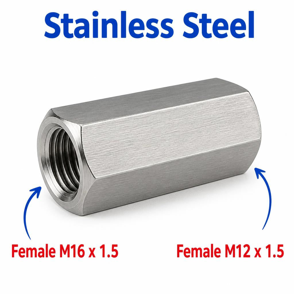 Stainless steel M16x1.5 to M12x1.5 female sensor adaptor fitting for conversion, by MC Motoparts.