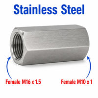 Stainless steel M16x1.5 to M10x1 female sensor adaptor fitting for automotive conversions, durable MC Motoparts APS adaptor.