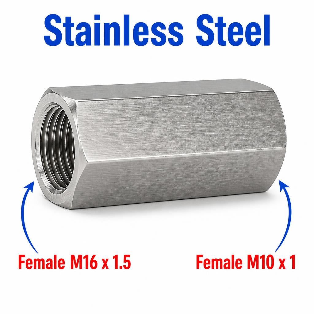 Stainless steel M16x1.5 to M10x1 female sensor adaptor fitting for automotive conversions, durable MC Motoparts APS adaptor.