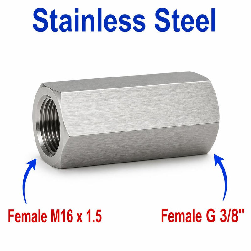 M16x1.5 Female to BSP G 3/8 inch Female Stainless Steel 304 Sensor Adaptor Fittings Conversion
