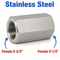 Stainless steel MC Motoparts BSP G 3/4 inch female to BSP G 1/4 inch female sensor adaptor fitting for plumbing and sensor connections.