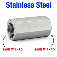 M18x1.5 Female to M14x1.5 Female Stainless Steel 304 Sensor Adaptor Fittings Conversion