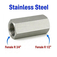 Stainless steel MC Motoparts APS adaptor fitting, 3/4 inch female to 1/2 inch female BSPT tapered R sensor conversion fitting.