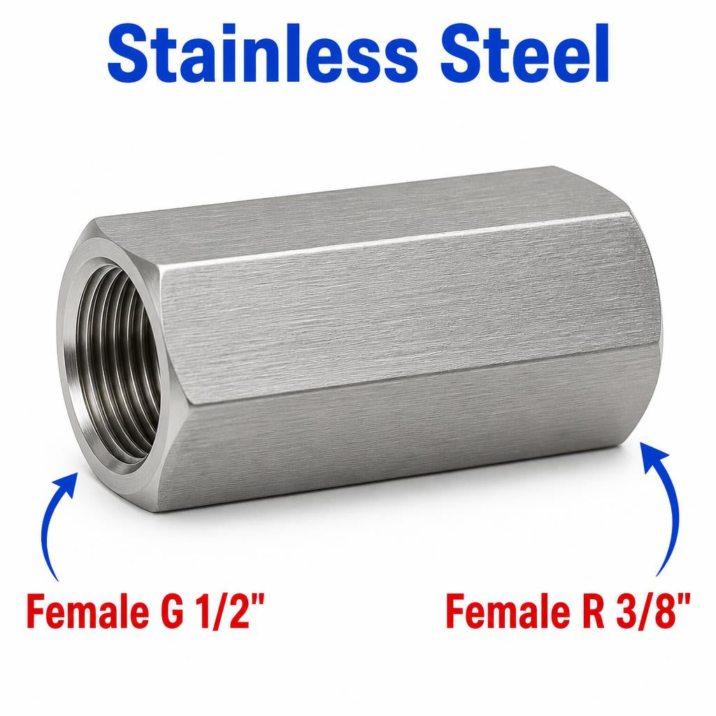 Stainless steel BSP G 1/2 inch female to BSPT R 3/8 inch female sensor adaptor fitting for fluid conversion by MC Motoparts.