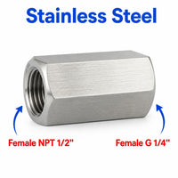 Stainless steel 1/2 inch NPT female to BSP G 1/4 inch female sensor adaptor fitting for plumbing and sensor conversions.
