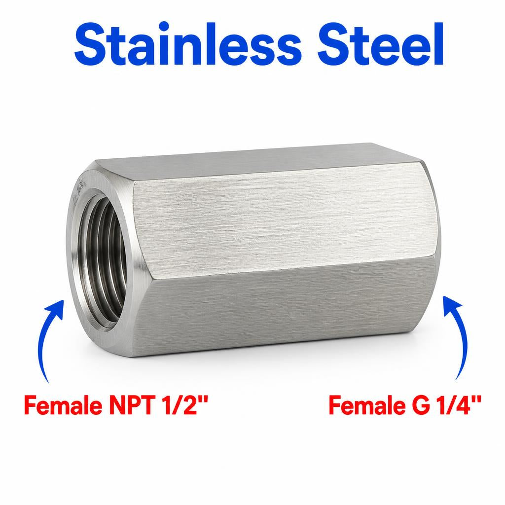 Stainless steel 1/2 inch NPT female to BSP G 1/4 inch female sensor adaptor fitting for plumbing and sensor conversions.