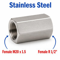 Stainless steel MC Motoparts M20x1.5 female to 1/2 inch BSPT tapered sensor adaptor fitting for conversion.
