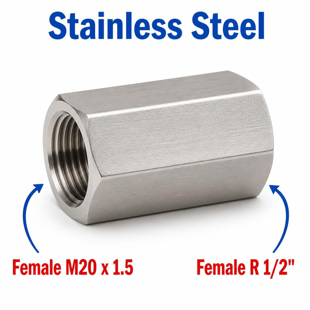 Stainless steel MC Motoparts M20x1.5 female to 1/2 inch BSPT tapered sensor adaptor fitting for conversion.