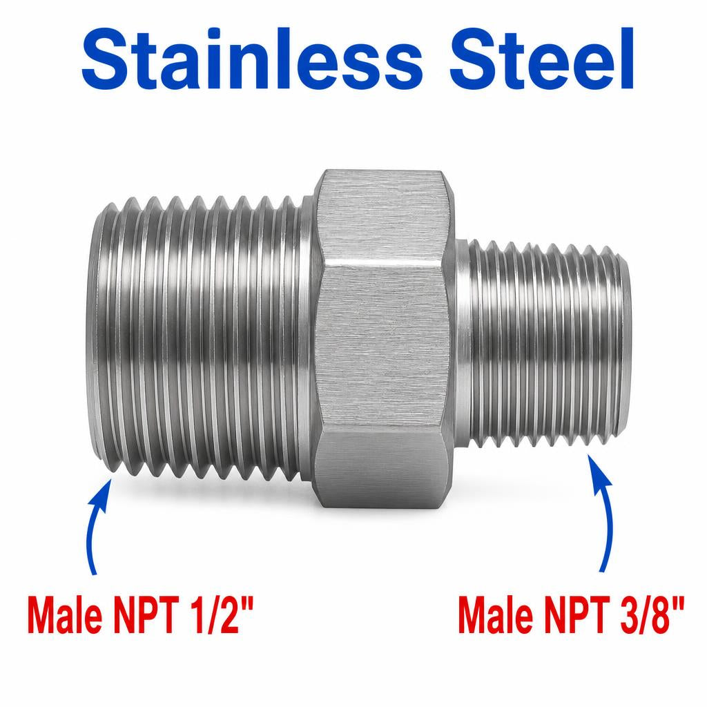 Stainless steel 1/2 inch NPT male to 3/8 inch NPT male sensor adaptor fitting by MC Motoparts, showing threaded ends