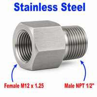 Stainless steel M12x1.25 female to 1/2 inch NPT male sensor adaptor fitting for conversion, MC Motoparts APS fitting series.