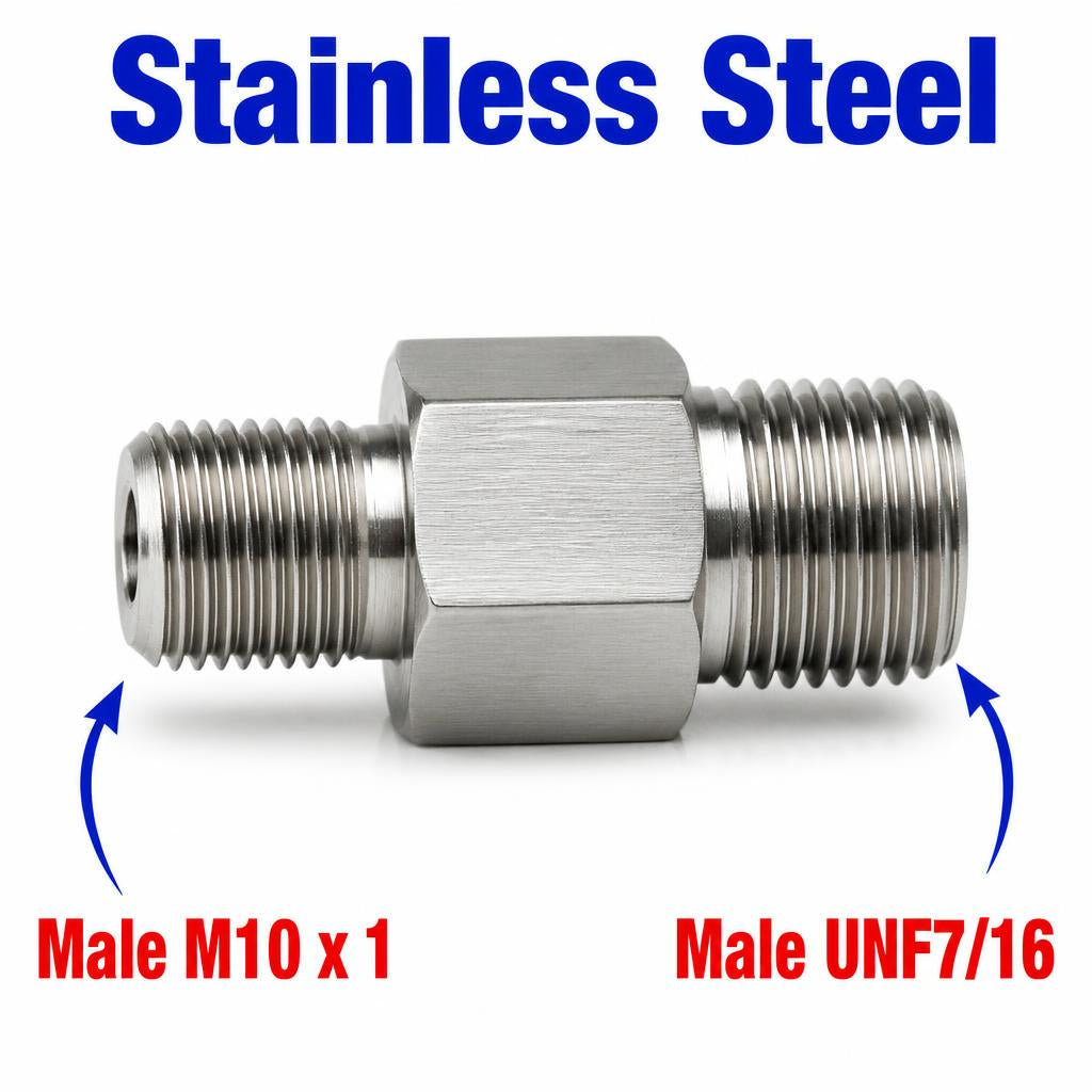 Stainless steel M10x1 male to UNF 7/16 male sensor adaptor fitting, APS conversion fitting from MC Motoparts.