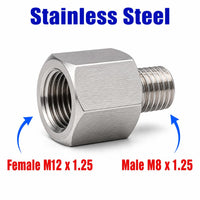 Stainless steel M12x1.25 female to M8x1.25 male sensor adaptor fitting for conversion, part of MC Motoparts APS adaptor fittings series.