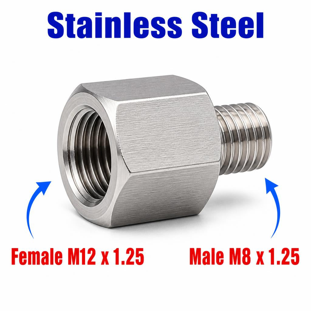 Stainless steel M12x1.25 female to M8x1.25 male sensor adaptor fitting for conversion, part of MC Motoparts APS adaptor fittings series.