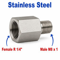 Stainless steel BSPT tapered R 1/4 inch female to M8x1 male sensor adaptor fitting for conversion, by MC Motoparts.