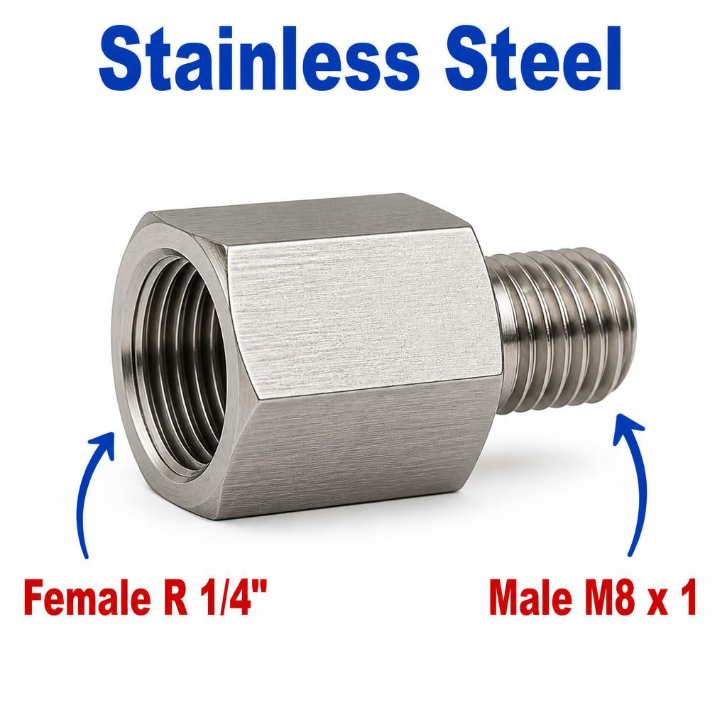 Stainless steel BSPT tapered R 1/4 inch female to M8x1 male sensor adaptor fitting for conversion, by MC Motoparts.