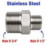 Stainless steel BSPT tapered R 3/4 inch male to R 1/2 inch male sensor adaptor fitting for plumbing conversions.