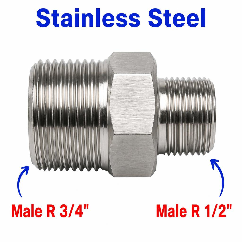 Stainless steel BSPT tapered R 3/4 inch male to R 1/2 inch male sensor adaptor fitting for plumbing conversions.