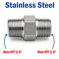 Stainless steel 3/8 inch NPT male to male sensor adaptor fitting for conversion, designed for MC Motoparts APS adapters.