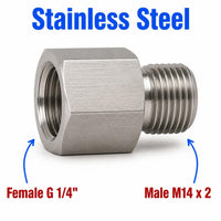 Stainless steel BSP G 1/4 inch female to M14x2 male sensor adaptor fitting for automotive conversion, by MC Motoparts.