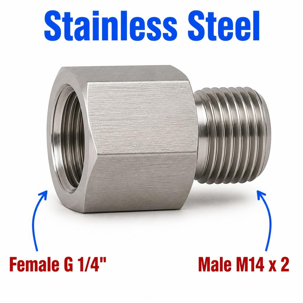 Stainless steel BSP G 1/4 inch female to M14x2 male sensor adaptor fitting for automotive conversion, by MC Motoparts.