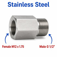 Stainless steel MC Motoparts M12x1.75 female to BSP G 1/2 inch male sensor adaptor fitting for conversion in automotive applications