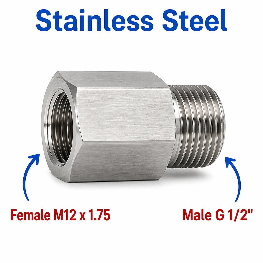 Stainless steel MC Motoparts M12x1.75 female to BSP G 1/2 inch male sensor adaptor fitting for conversion in automotive applications