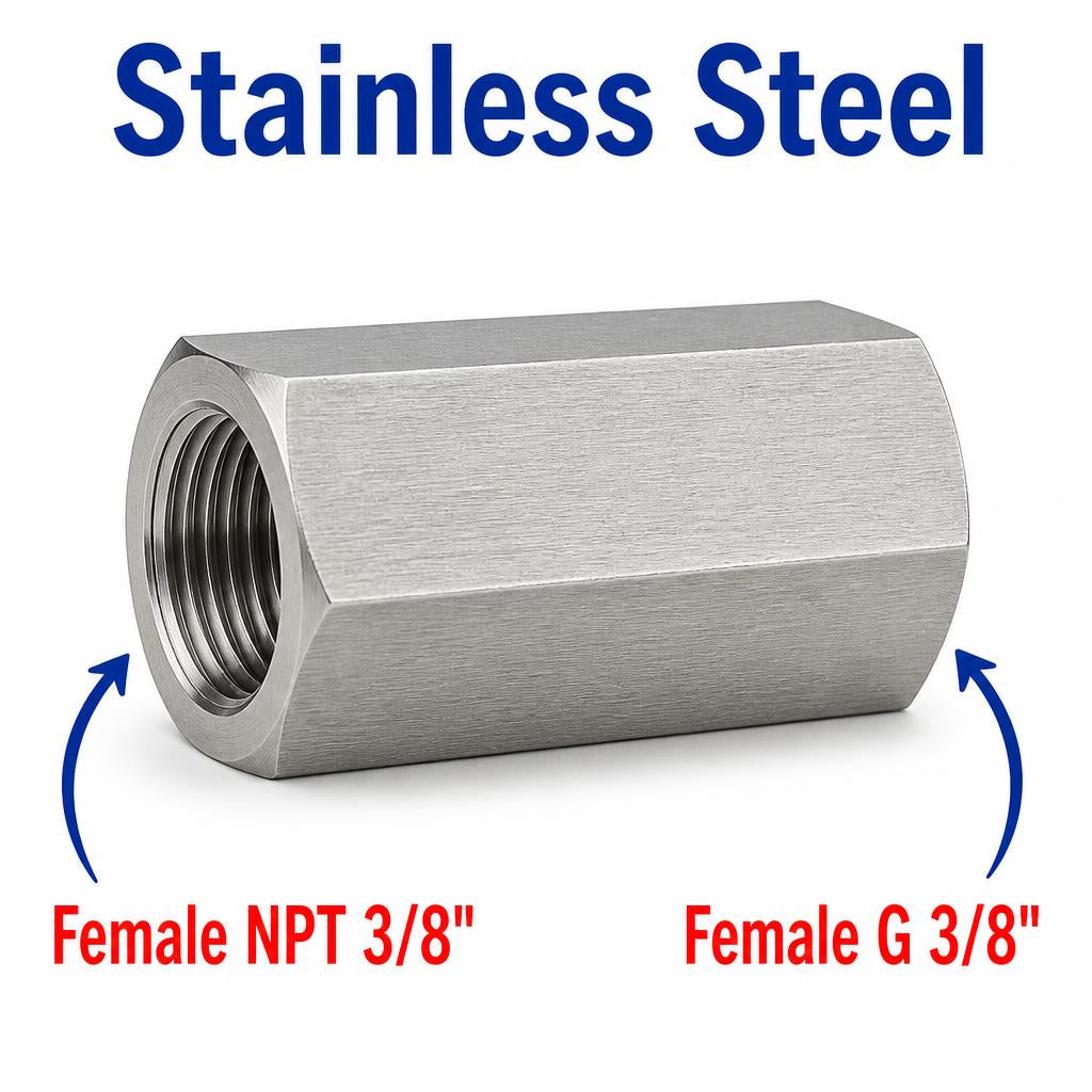 Stainless steel 3/8 inch NPT female to BSP G 3/8 inch female sensor adaptor fitting for conversion, MC Motoparts APS adaptor fitting