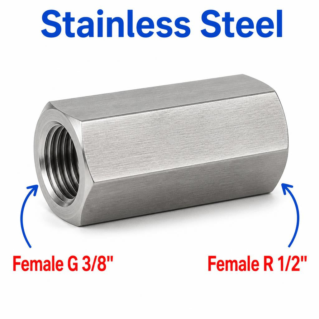 Stainless steel BSP G 3/8 inch female to BSPT R 1/2 inch female sensor adaptor fitting for conversion by MC Motoparts