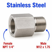 1/4 inch NPT Female to M12x1.75 Male Stainless Steel 304 Sensor Adaptor Fittings Conversion
