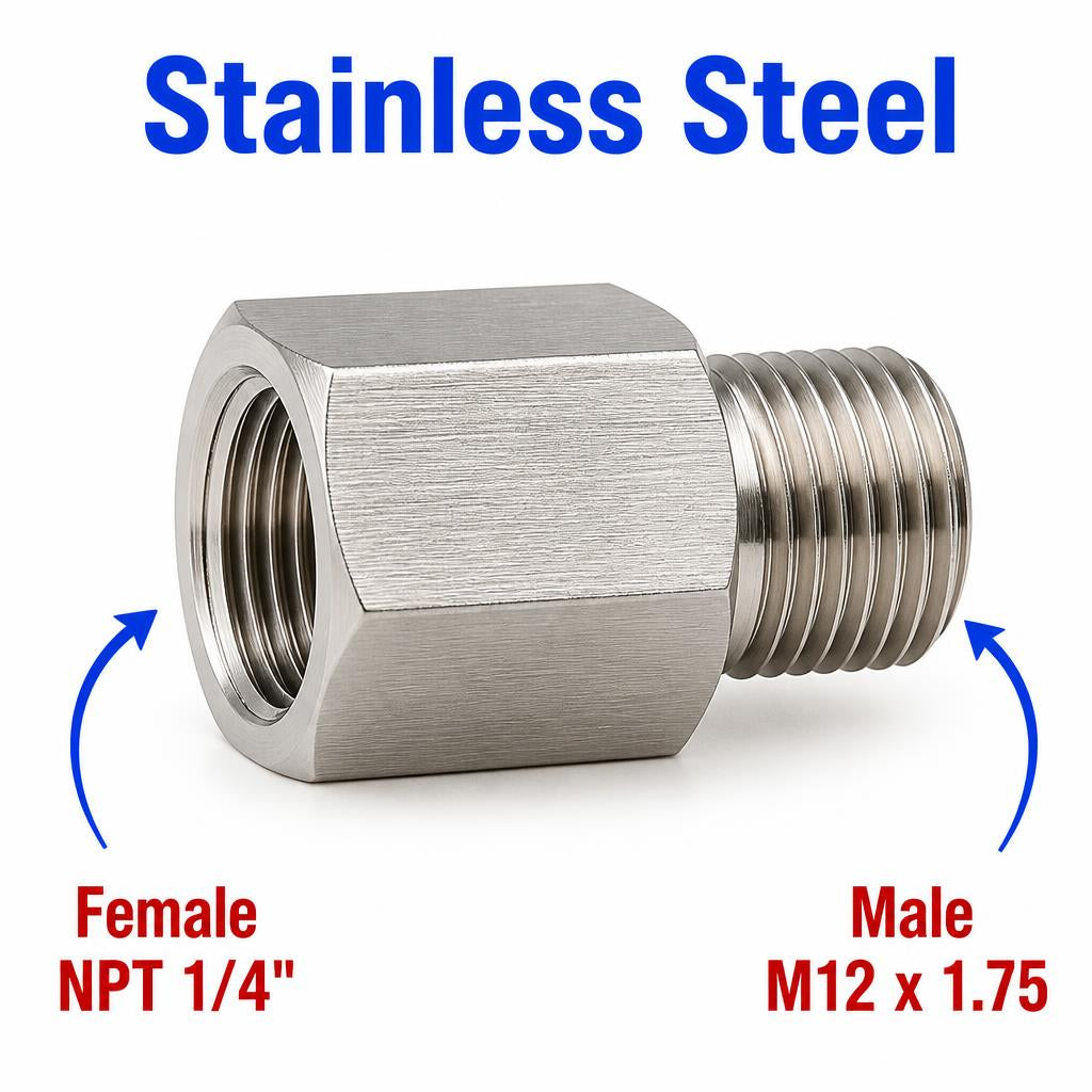 1/4 inch NPT Female to M12x1.75 Male Stainless Steel 304 Sensor Adaptor Fittings Conversion