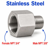 Stainless steel 3/4 inch NPT female to 3/8 inch NPT male sensor adaptor fitting for conversion, MC Motoparts APS fitting.
