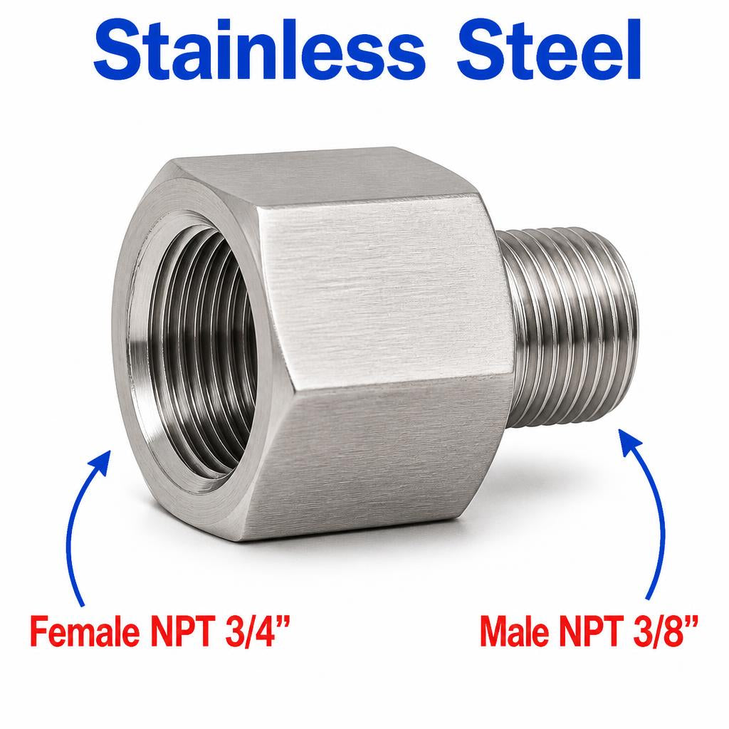 Stainless steel 3/4 inch NPT female to 3/8 inch NPT male sensor adaptor fitting for conversion, MC Motoparts APS fitting.