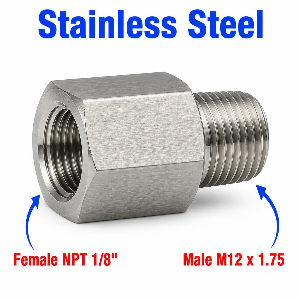 Stainless steel 1/8 inch NPT female to M12x1.75 male sensor adaptor fitting for industrial conversions, by MC Motoparts.