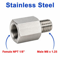 Stainless steel 1/8 inch NPT female to M8x1.25 male sensor adaptor fitting for conversions, shown on a white background.