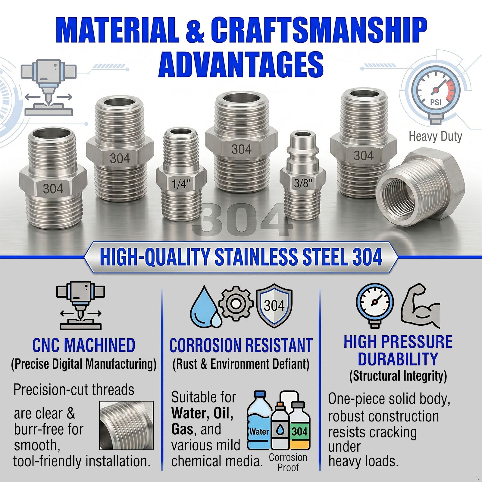 M10x1 Female to M18x1.5 Male Stainless Steel 304 Sensor Adaptor Fittings Conversion