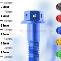 Set of CNC race spec M6 crankcase cover bolts for Triumph Daytona 660 2024-2025, by MC Motoparts, shown on a motorcycle engine.