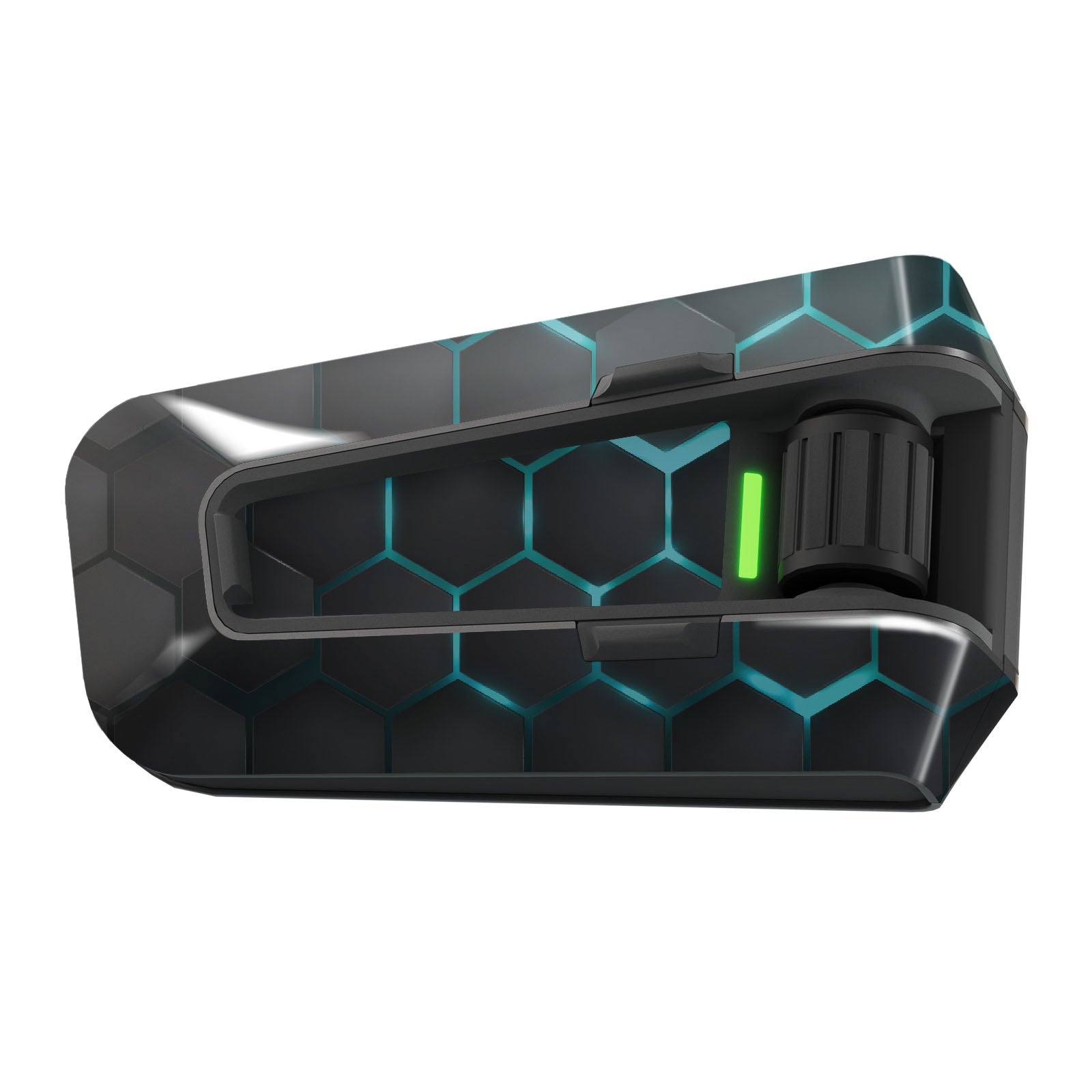 Blue hex design skin for Cardo Packtalk Edge, glossy vinyl decal wrap from MC Motoparts Cyber-Hex Series, perfect for customization.