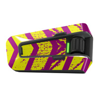 Purple and yellow splatter vinyl decal wrap for Cardo Packtalk Edge, Urban Series, by MC Motoparts, with glossy or matte finish