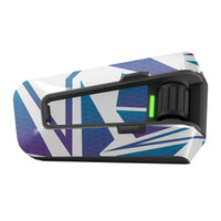 White and blue shards vinyl decal wrap for Cardo Packtalk Edge, part of MC Motoparts Apex Series, glossy or matte finish.