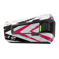 White and black Cardo Packtalk Edge sticker with pink splatter design from MC Motoparts Urban Series vinyl decal wrap.