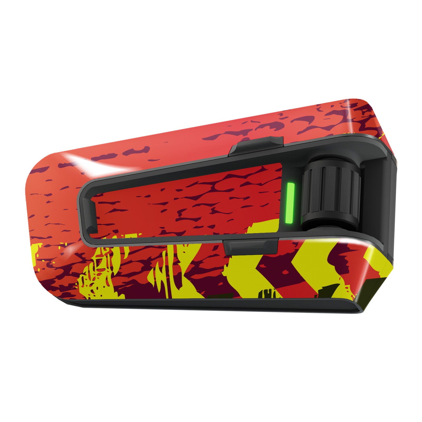 Red, yellow, and black grunge vinyl sticker wrap for Cardo Packtalk Edge by MC Motoparts, urban series decal for customization.