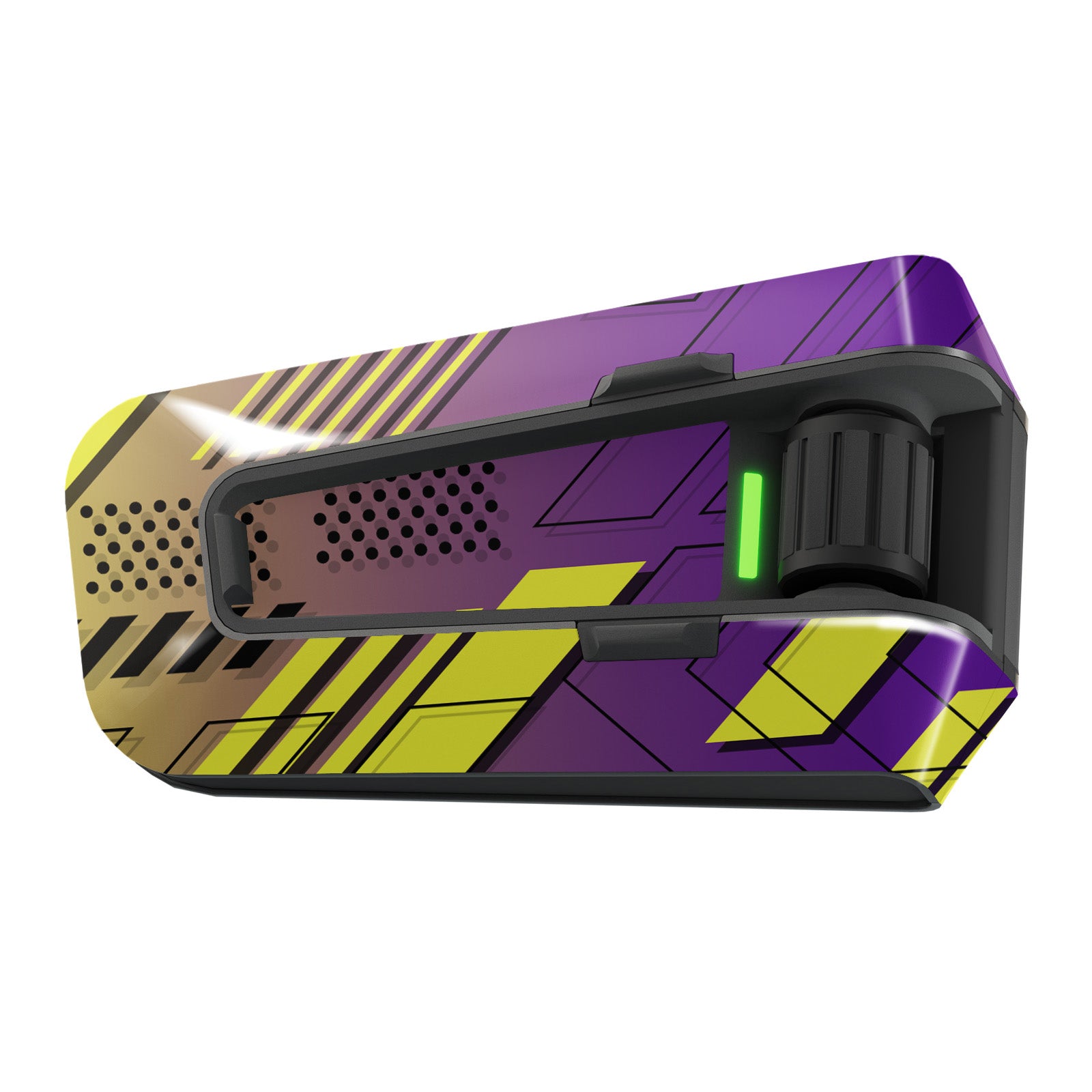 Purple Cyber-Hex vinyl decal wrap for Cardo Packtalk Edge motorcycle communicator, glossy finish, part of MC Motoparts' sticker series.