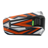 Orange, silver, and black glossy vinyl decal wrap for Cardo Packtalk Edge motorcycle communicator, Apex Series by MC Motoparts