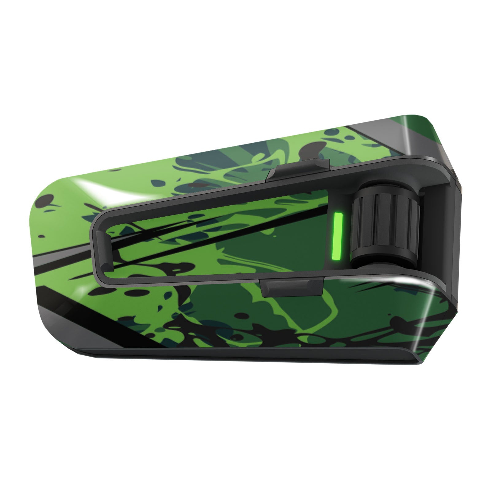 Green glitch vinyl decal wrap for Cardo Packtalk Edge, part of the Cyber-Hex Series, by MC Motoparts, with a glossy finish.