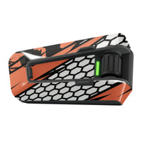 Cyber-Hex vinyl decal wrap for Cardo Packtalk Edge stereo communicator, featuring glossy orange hex design.