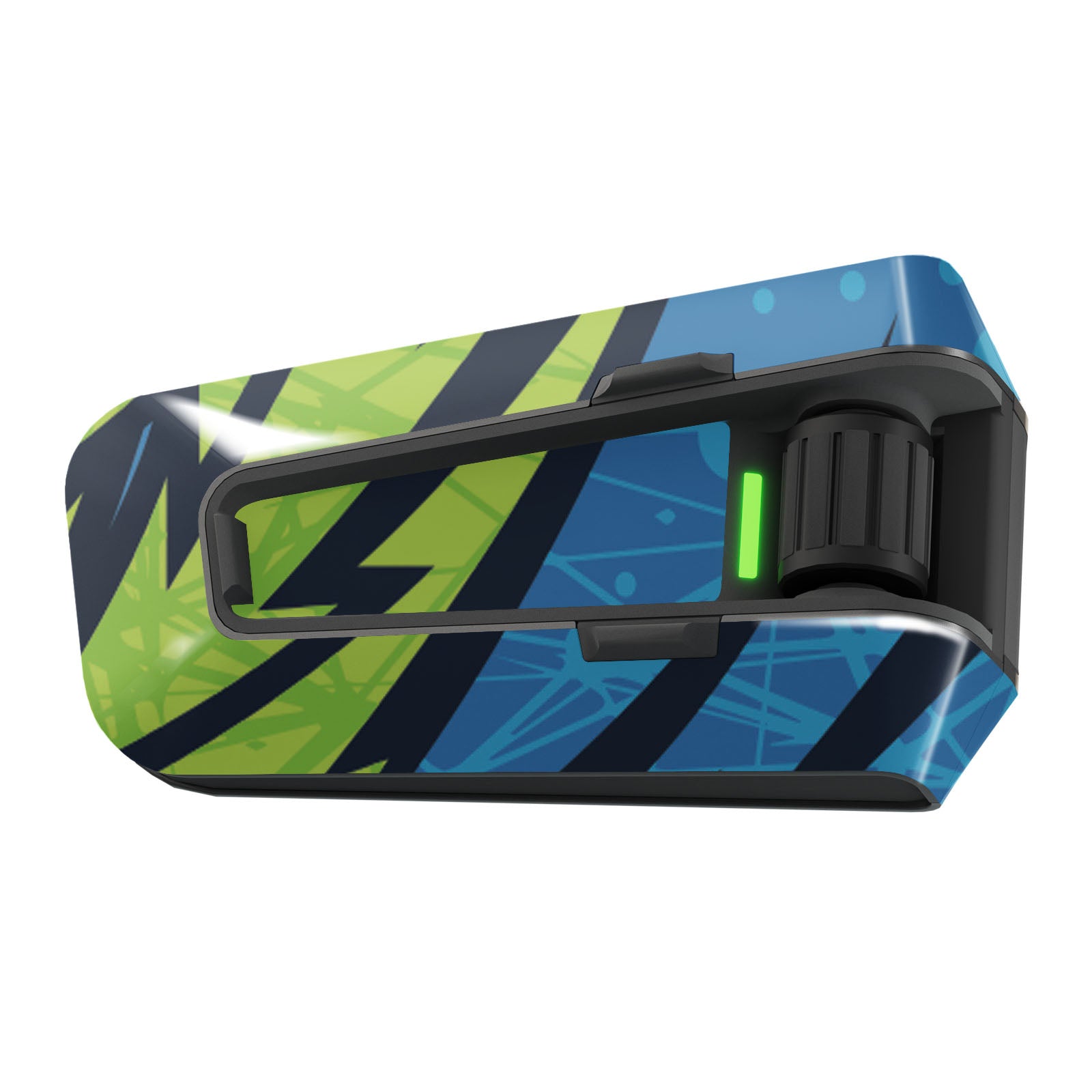 Blue and green shard design skin for Cardo Packtalk Edge sticker, glossy or matte vinyl decal wrap in Apex Series by MC Motoparts.